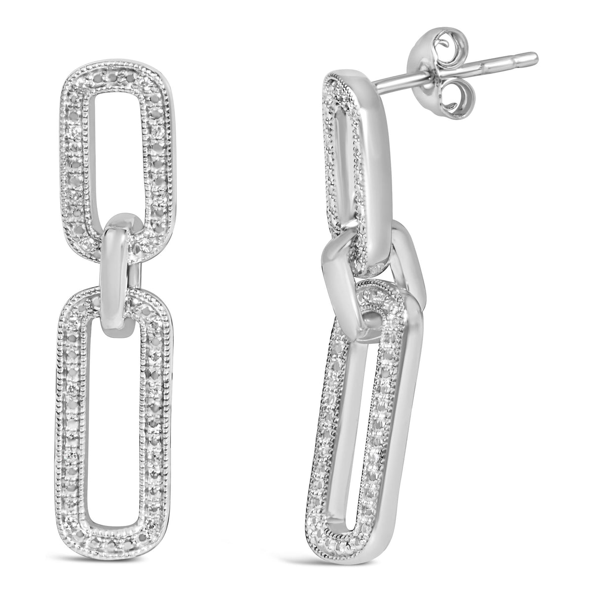 Close-up front and side view of white metal drop earrings with linked rectangular shapes outlined with pave-set white gemstones.