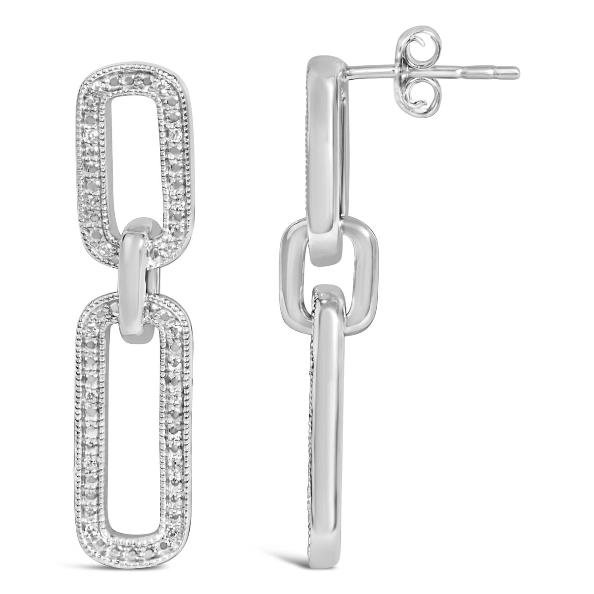 Close-up front and side view of white metal drop earrings with linked rectangular shapes, one outlined with pave-set white gemstones, shown on white background.