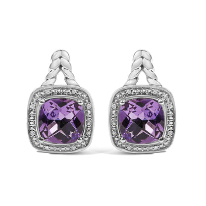 Sterling Silver Cushion Cut Amethyst and Diamond Accent Halo Drop Earrings