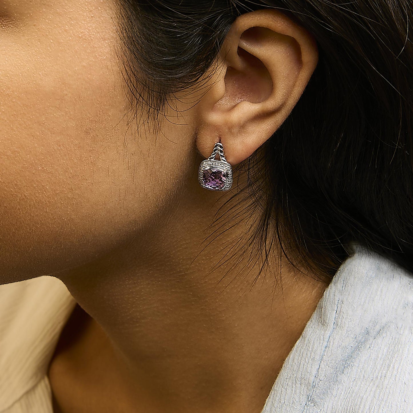 Sterling Silver Cushion Cut Amethyst and Diamond Accent Halo Drop Earrings