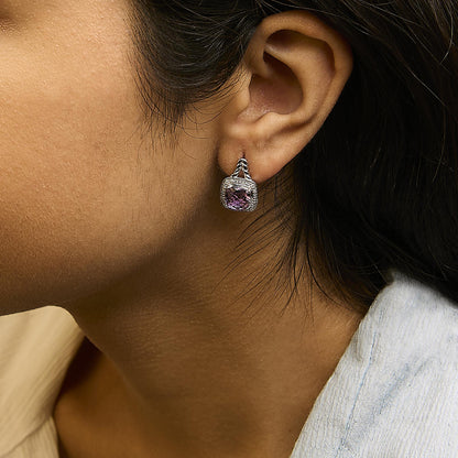 Sterling Silver Cushion Cut Amethyst and Diamond Accent Halo Drop Earrings