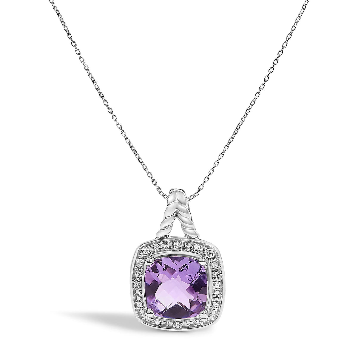Close-up front view of a white metal necklace with a cushion-shaped purple gemstone pendant surrounded by small round white gemstones in a pave setting, shown on a white background.