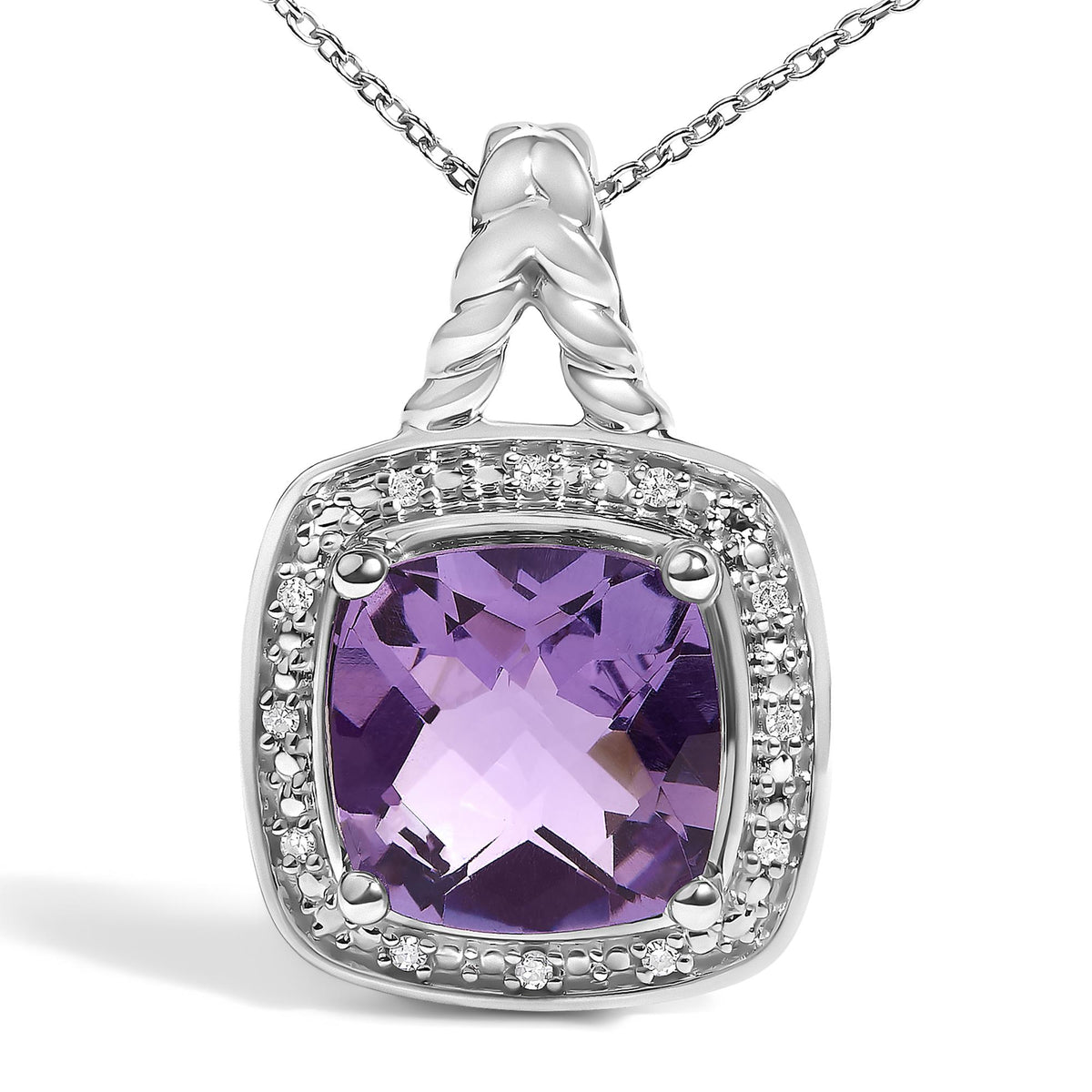 Close-up front angle of a white metal necklace pendant featuring a cushion-shaped purple gemstone in a prong setting, surrounded by a border of small round white gemstones in a pave setting.