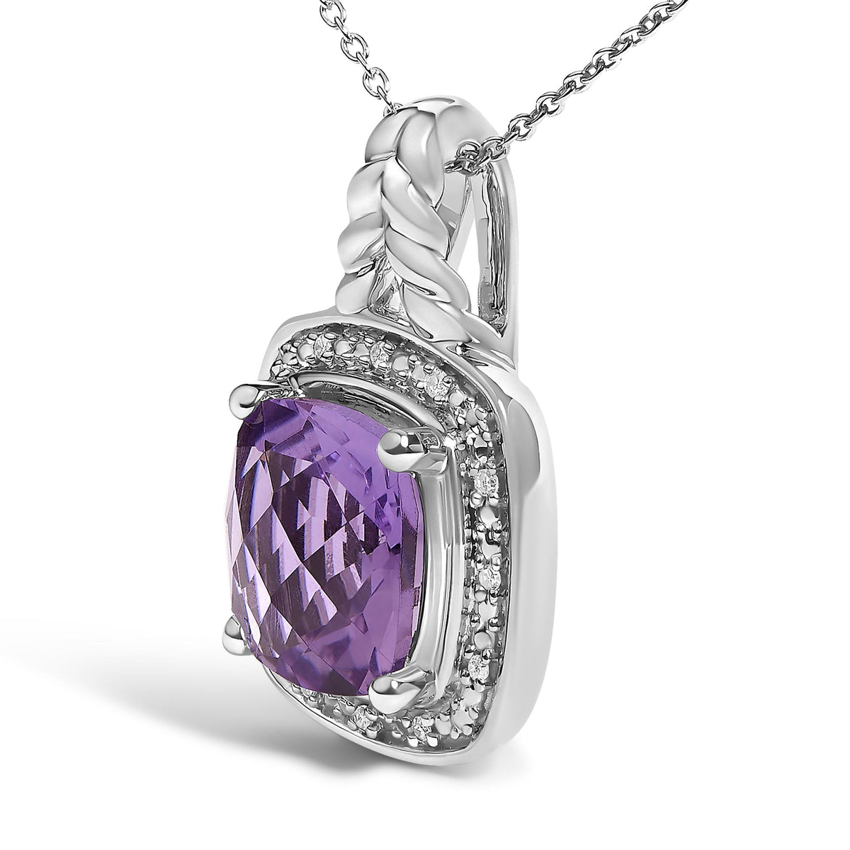 Close-up front angle of a white necklace pendant featuring a cushion-shaped purple gemstone prong-set in the center, surrounded by a twisted metal design and pavé-set small round white gemstones.