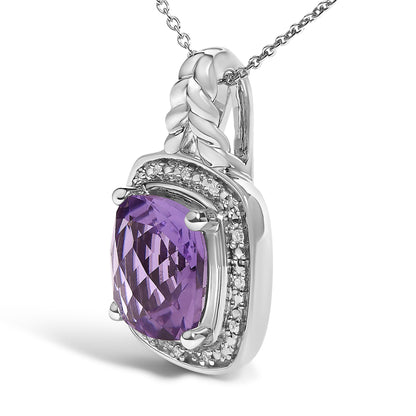Close-up front angle of a white necklace pendant featuring a cushion-shaped purple gemstone prong-set in the center, surrounded by a twisted metal design and pavé-set small round white gemstones.
