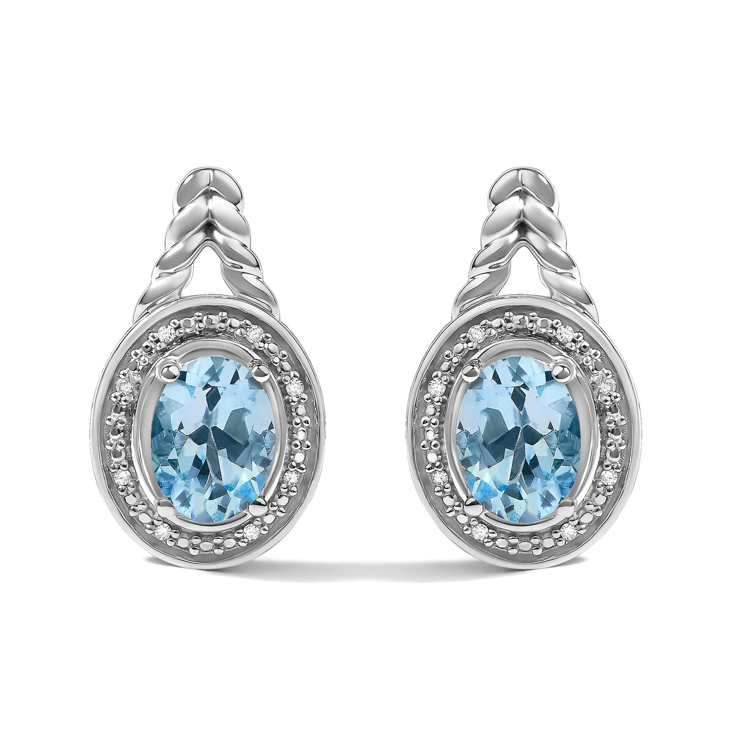 Sterling Silver Oval Blue Topaz and Diamond Accent Twist and Halo Drop Earrings