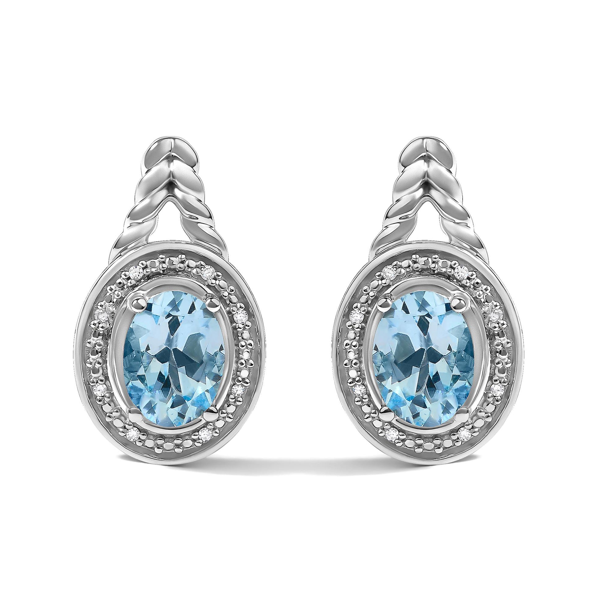 Sterling Silver Oval Blue Topaz and Diamond Accent Twist and Halo Drop Earrings
