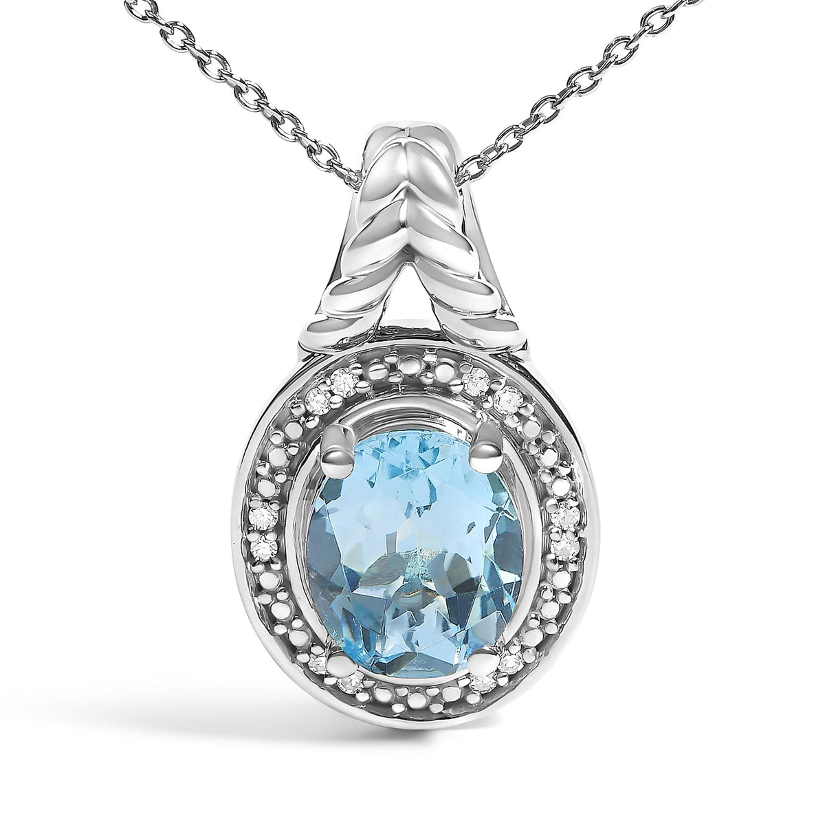Close-up front view of a white necklace pendant featuring a central oval blue gemstone surrounded by small round white gemstones in a prong setting, with a white metal leaf design at the top, shown on a white background.