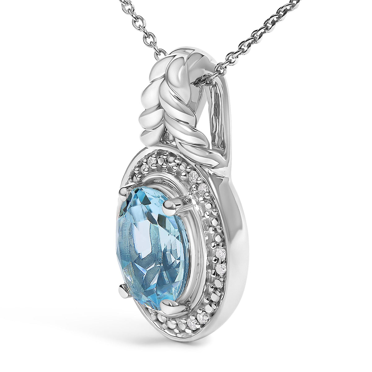 Close-up front angle of a white metal necklace pendant featuring a large oval blue gemstone in prong setting surrounded by small round white gemstones in prong setting and a twisted design element at the top.
