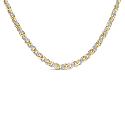 Close-up front view of a yellow metal necklace with intertwined links, some adorned with white round gemstones in prong settings.