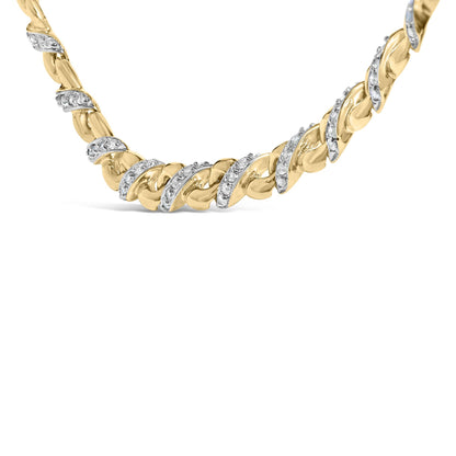 Close-up front angle of a yellow necklace featuring twisted design with round white gemstones in prong settings.