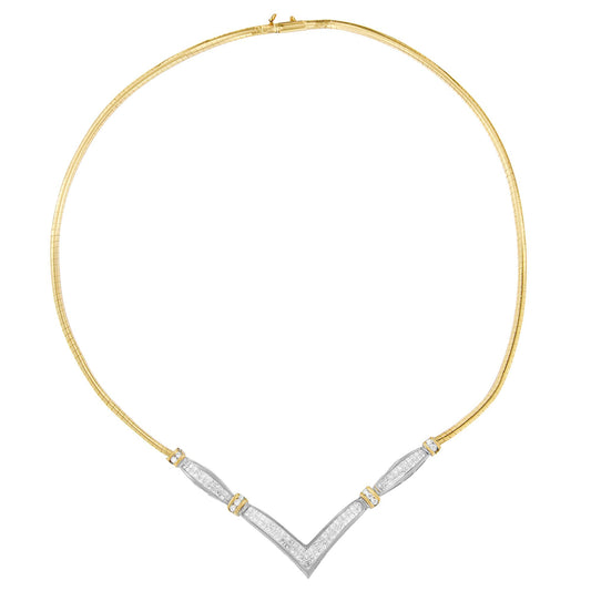 Front view of a V-shaped necklace with a yellow metal band and white metal segments set with white round and square gemstones.