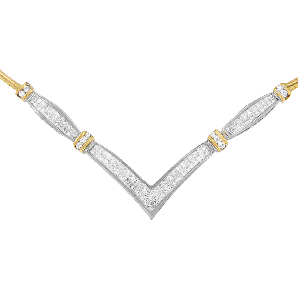 Close-up front view of a V-shaped necklace with alternating white and yellow metal segments, featuring rows of small white princess-shaped gemstones in invisible settings and round-shaped white gemstones in channel settings.