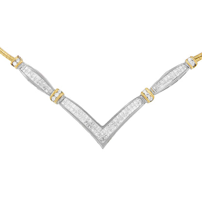 Close-up front view of a V-shaped necklace with alternating white and yellow metal segments, featuring rows of small white princess-shaped gemstones in invisible settings and round-shaped white gemstones in channel settings.