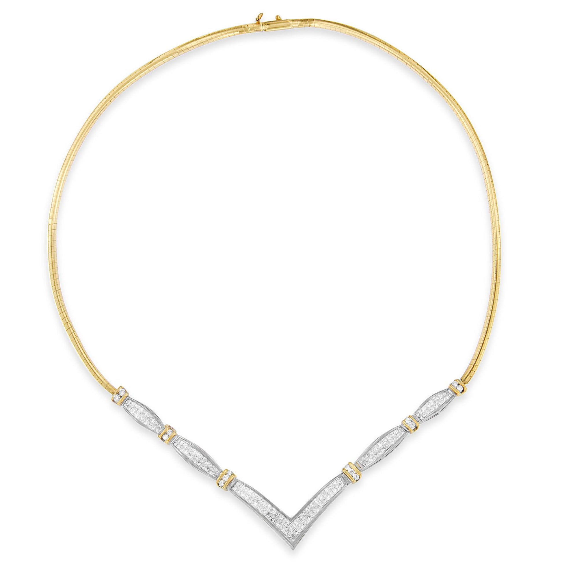 Front view of a yellow and white metal necklace with a V-shaped pendant section featuring white round and princess shape gemstones in channel and invisible settings.