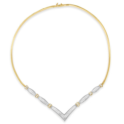 Front view of a yellow and white metal necklace with a V-shaped pendant section featuring white round and princess shape gemstones in channel and invisible settings.