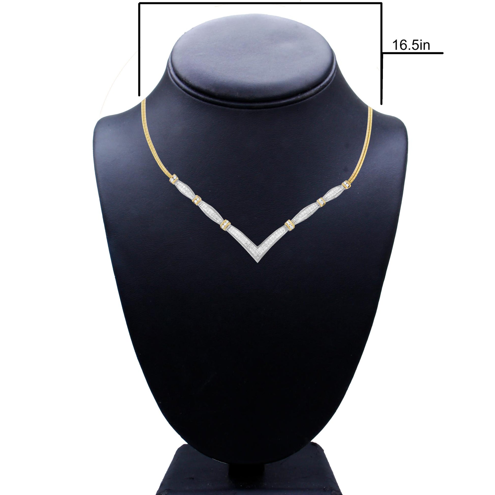 Front view of a yellow and white necklace on a black display bust, featuring a V-shaped design with sections set with white round and princess shape gemstones.