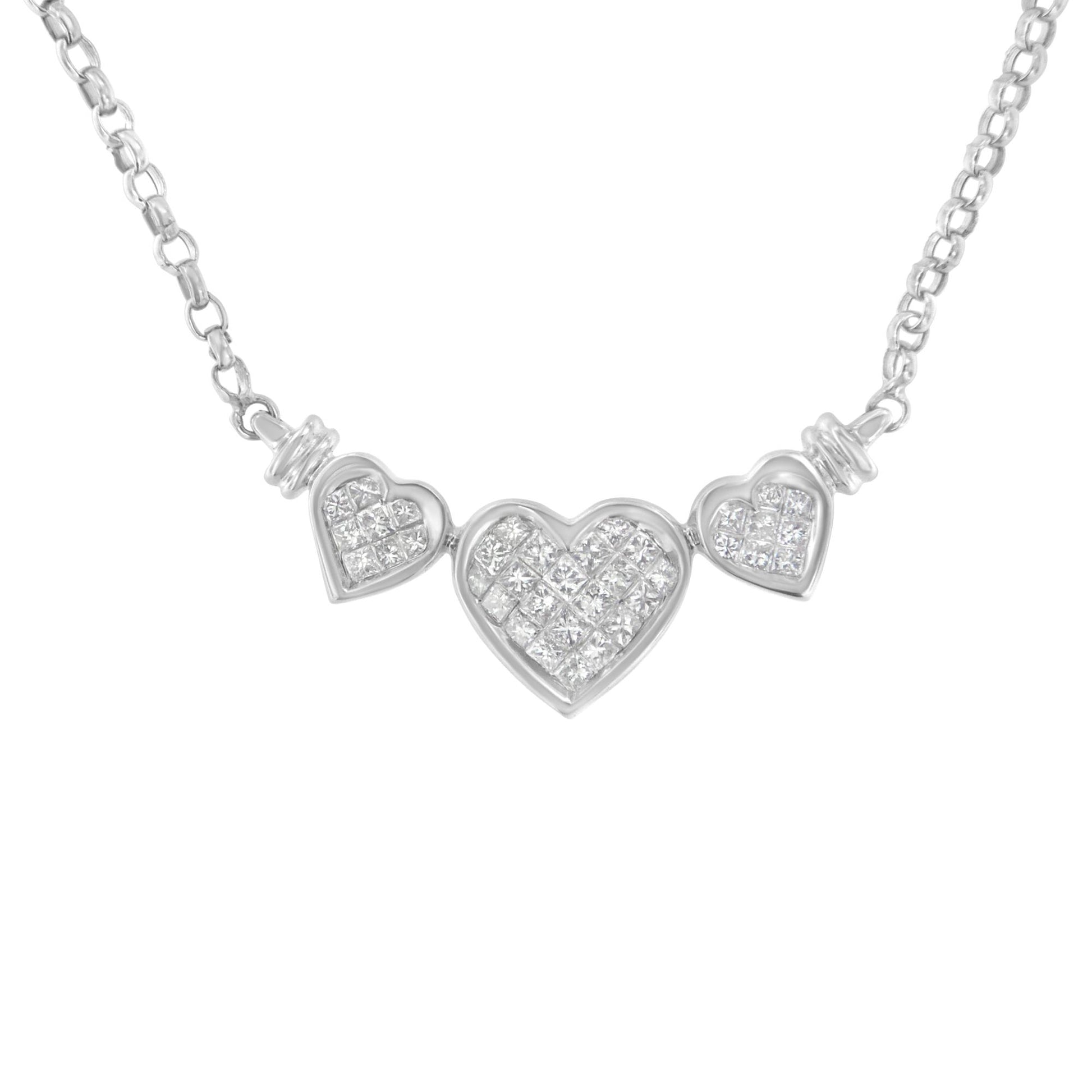 Close-up front view of a white necklace featuring three heart-shaped pendants adorned with white princess-shaped gemstones in an invisible setting.