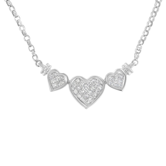 Close-up front view of a white necklace featuring three heart-shaped pendants adorned with white princess-shaped gemstones in an invisible setting.