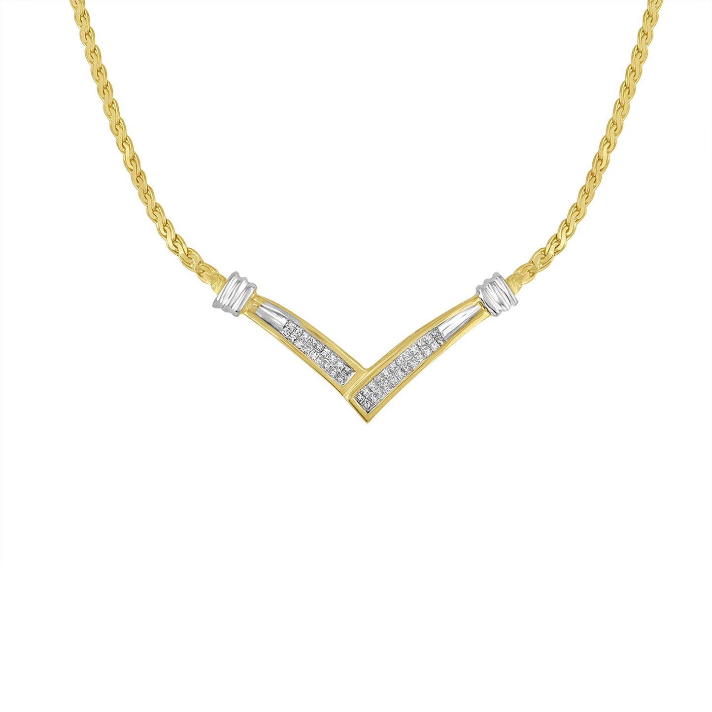 Close-up front view of a yellow and white metal necklace with a V-shaped pendant featuring two rows of small white gemstones in a visible setting.