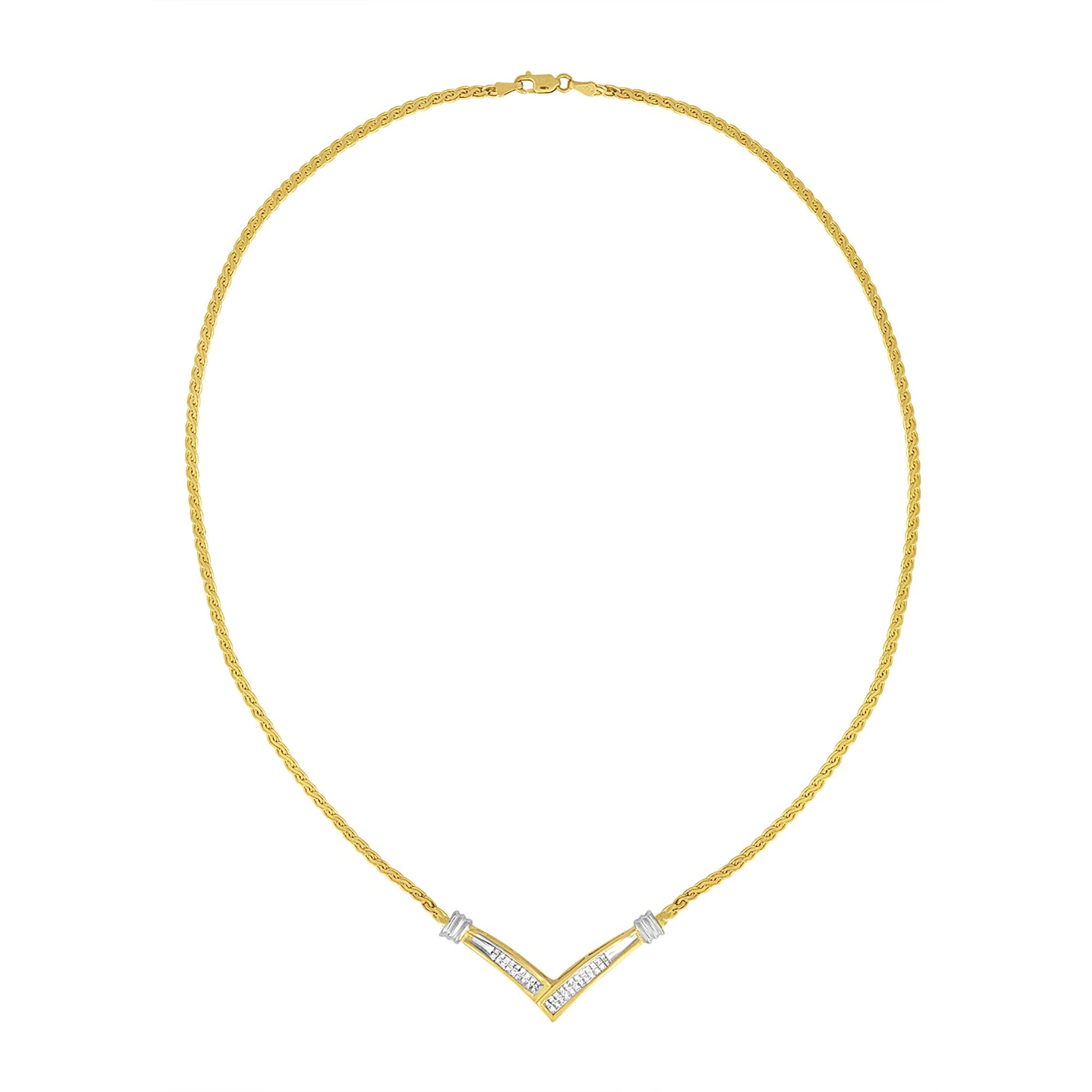 Front view of a yellow and white necklace with a V-shaped pendant featuring white princess-shaped gemstones in an invisible setting.