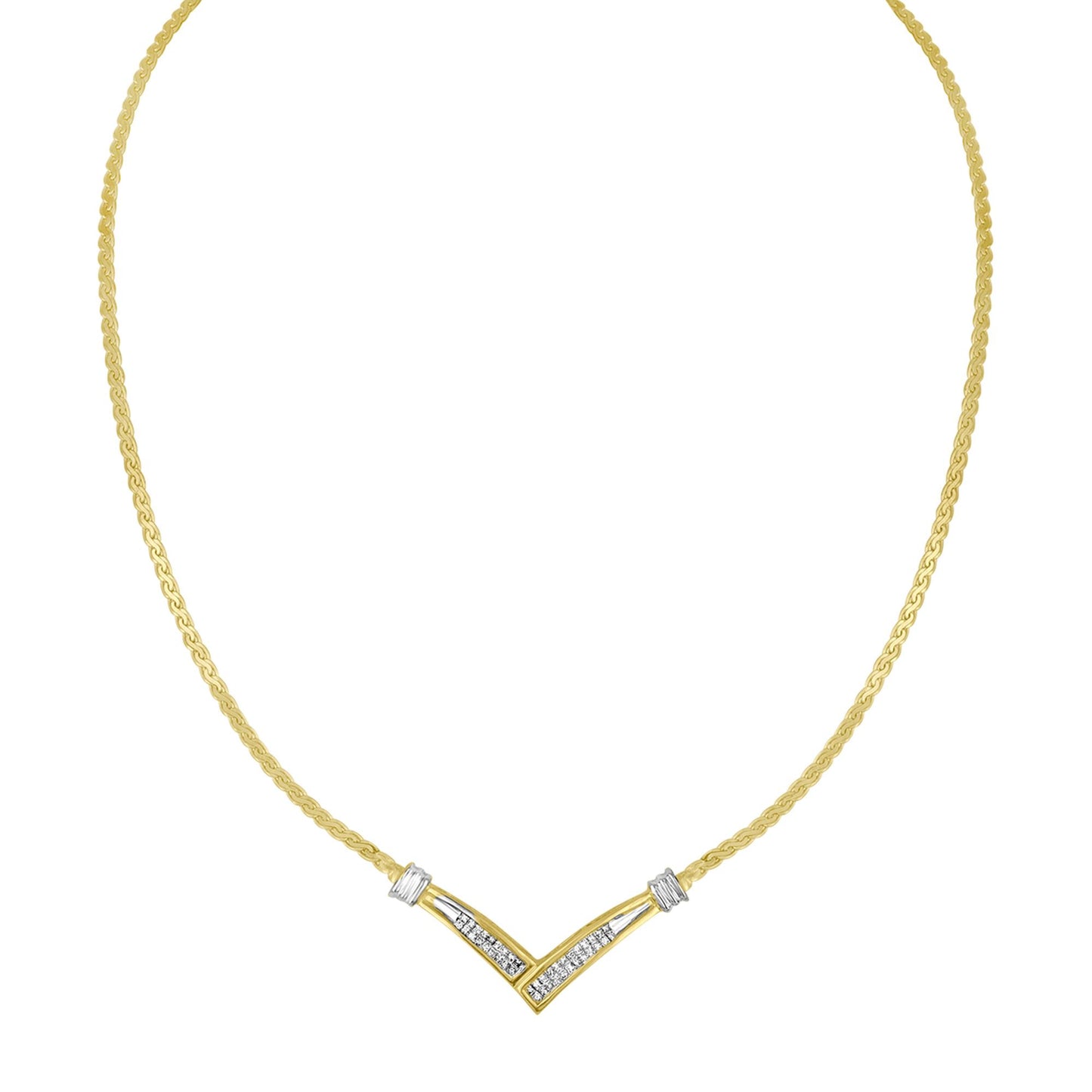 Front-facing shot of a yellow and white metal necklace with a V-shaped pendant featuring white princess-shaped gemstones in an invisible setting.