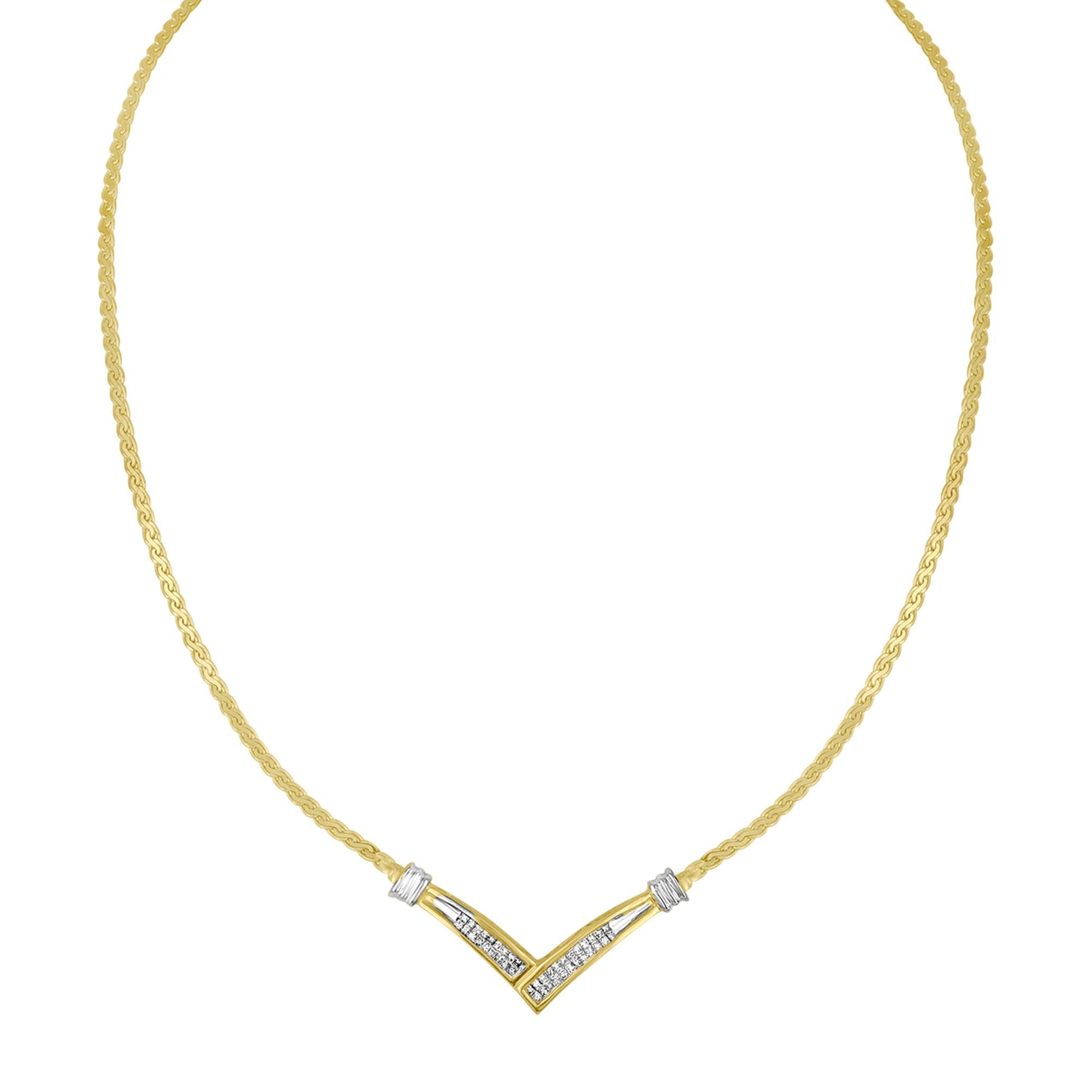 Front-facing shot of a yellow and white metal necklace with a V-shaped pendant featuring white princess-shaped gemstones in an invisible setting.