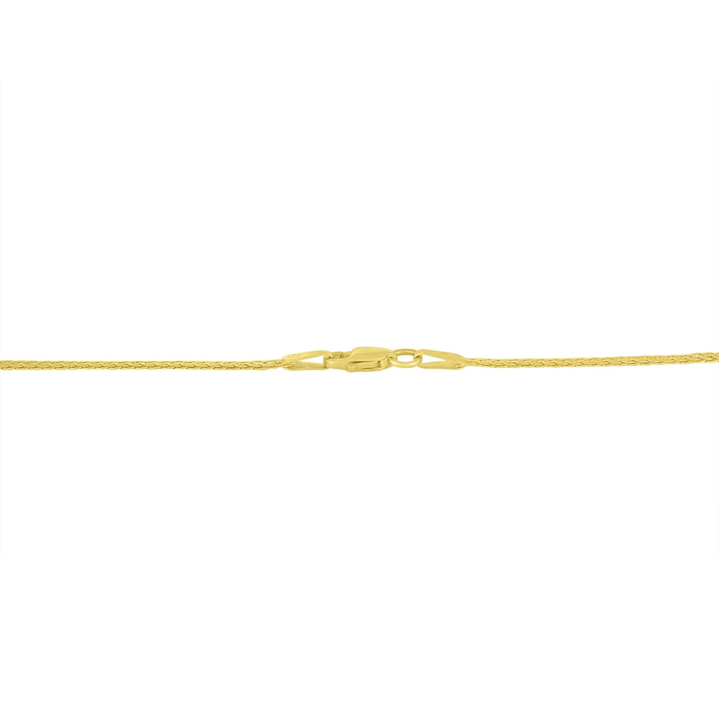 Close-up front view of a yellow and white necklace chain clasp against a white background.