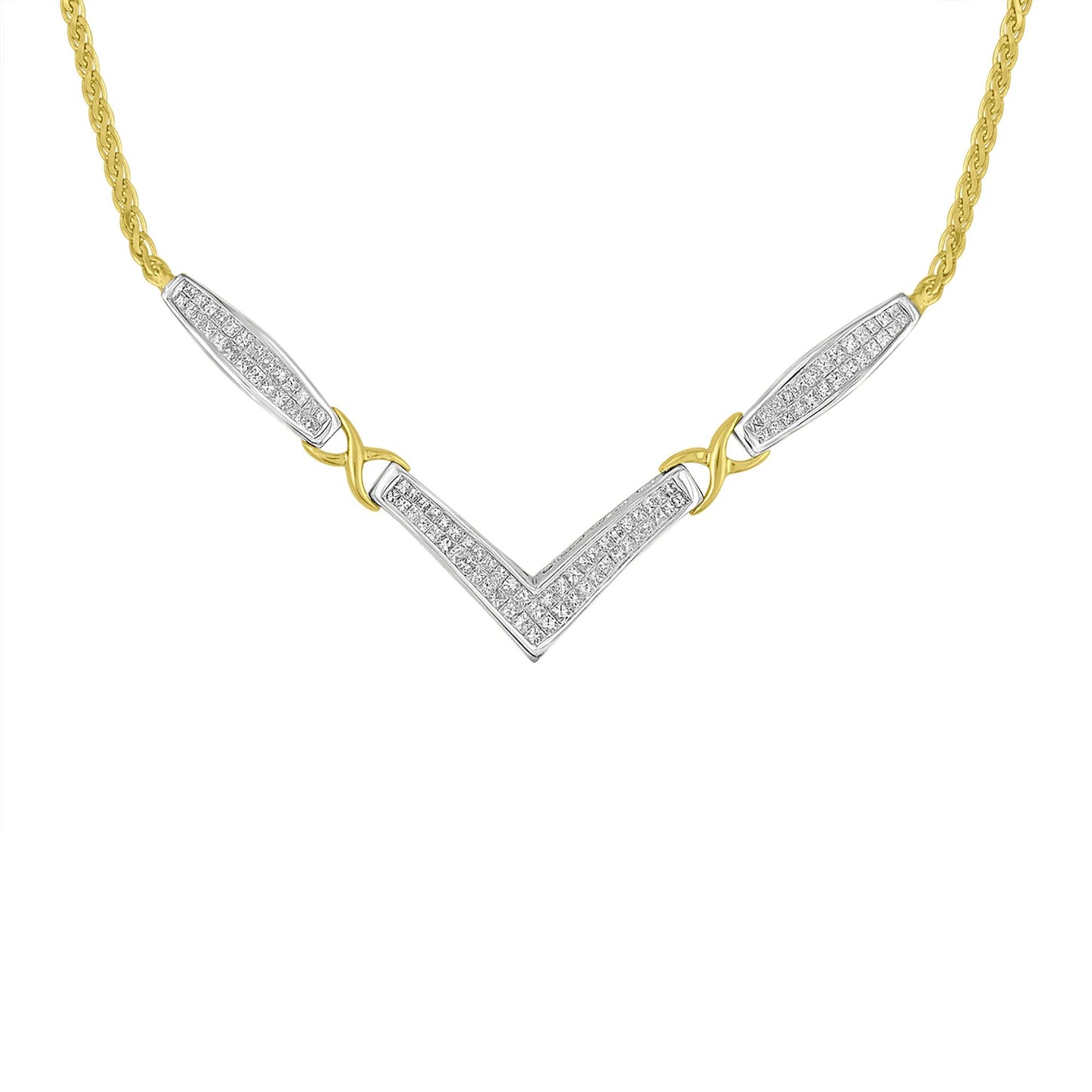 Front view of a necklace featuring a yellow and white metal design with a central V-shaped element adorned with white gemstones in an invisible setting.