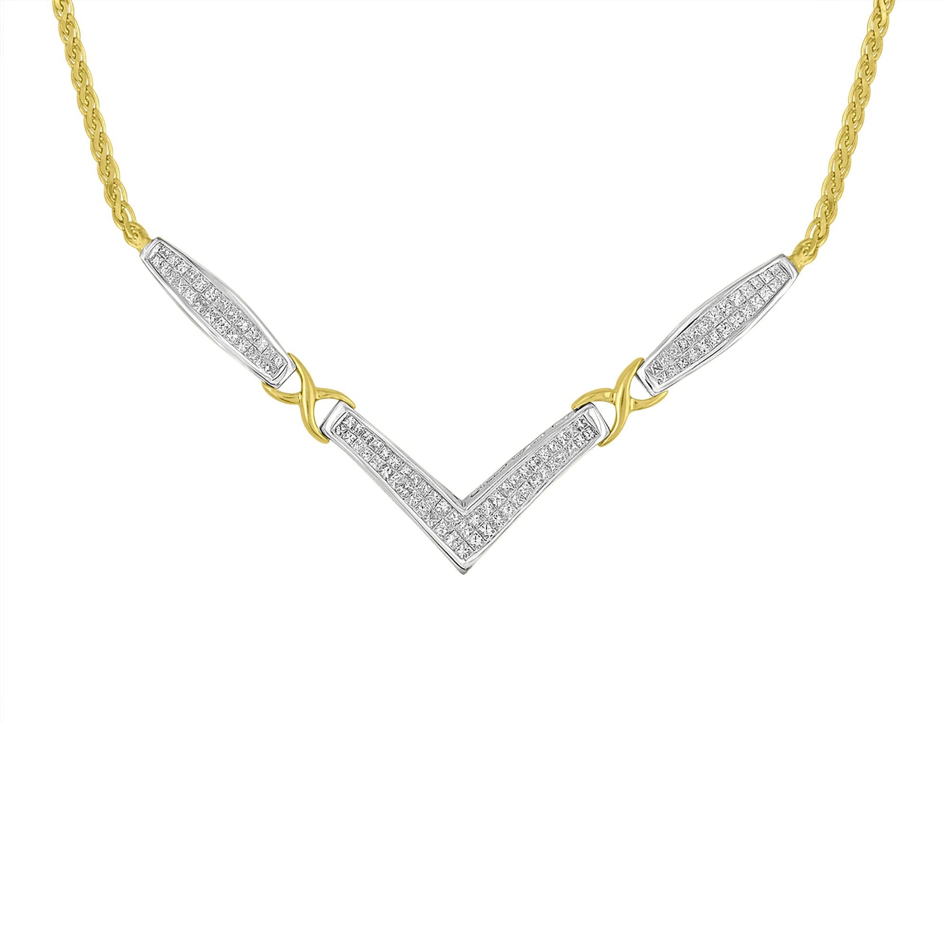 Front view of a necklace featuring a yellow and white metal design with a central V-shaped element adorned with white gemstones in an invisible setting.