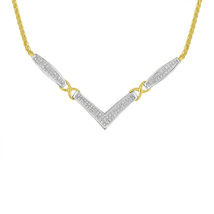Front view of a necklace featuring a yellow and white metal design with a central V-shaped element adorned with white gemstones in an invisible setting.