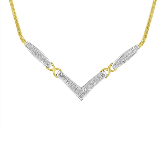 Front view of a necklace featuring a yellow and white metal design with a central V-shaped element adorned with white gemstones in an invisible setting.