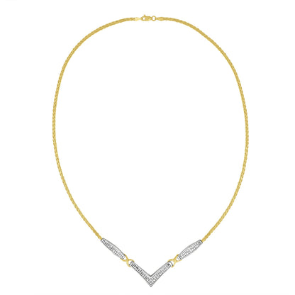 Front-facing image of a yellow and white metal necklace with a V-shaped pendant and sections adorned with white gemstones in an invisible setting.