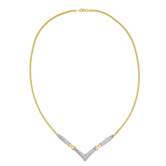 Front-facing image of a yellow and white metal necklace with a V-shaped pendant and sections adorned with white gemstones in an invisible setting.