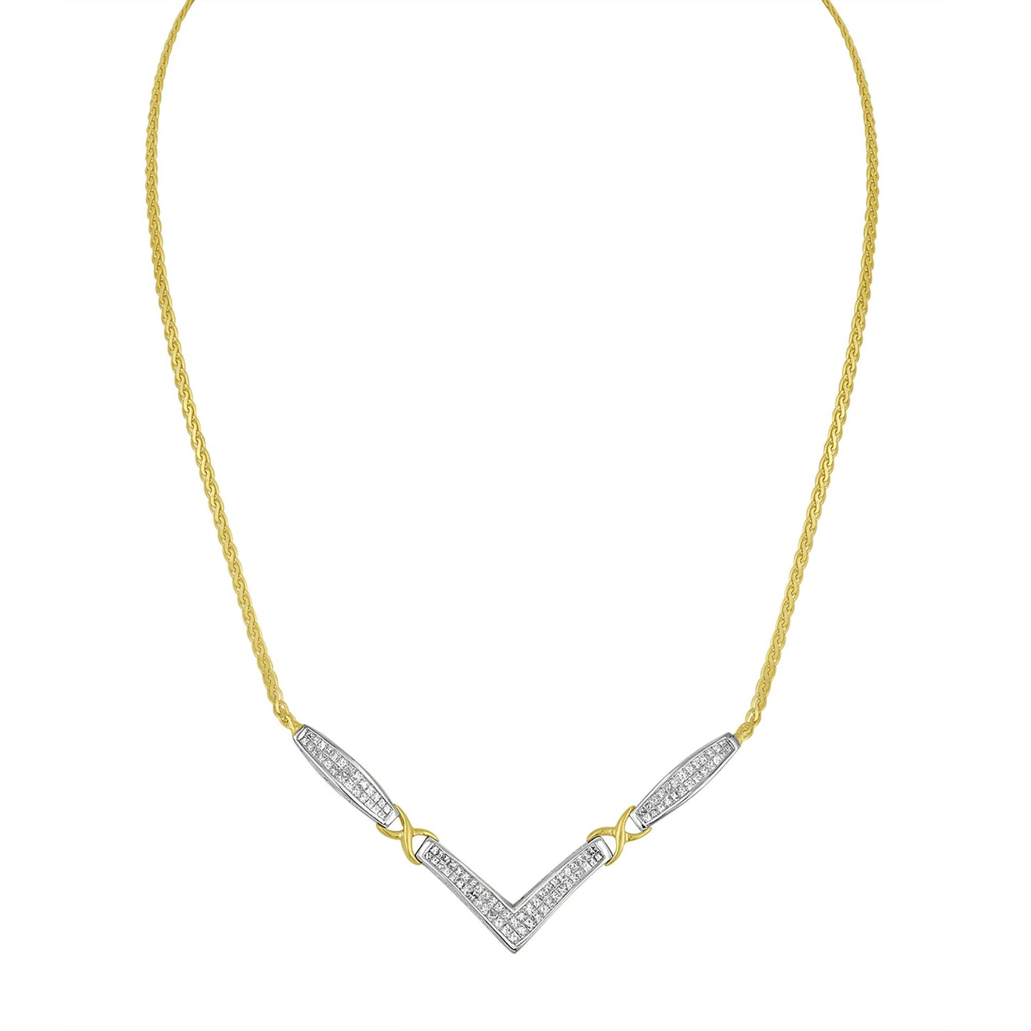 Front-facing image of a necklace with a yellow chain and white metal sections set with multiple white princess-shaped gemstones in an invisible setting, forming a chevron design.