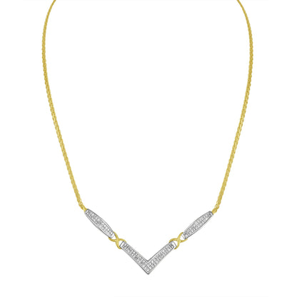 Front-facing image of a necklace with a yellow chain and white metal sections set with multiple white princess-shaped gemstones in an invisible setting, forming a chevron design.