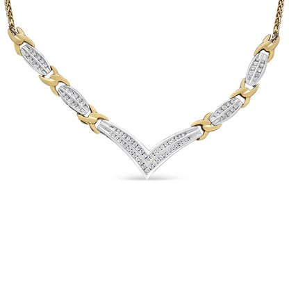 Front view of a V-shaped necklace with alternating yellow and white metal links, featuring small round white gemstones set in a channel setting on the white sections.
