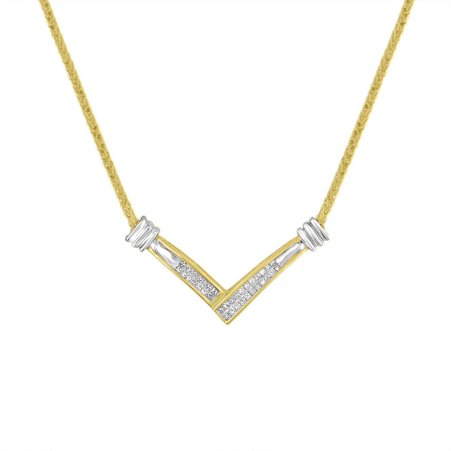 Front-facing shot of a V-shaped yellow and white metal necklace with channel-set white princess-shaped gemstones in the center.