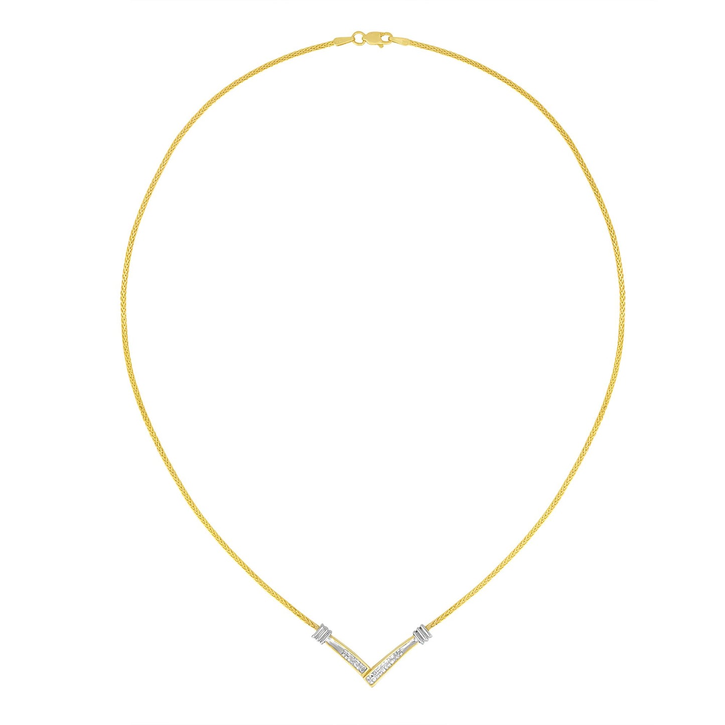 Front view of a necklace with a V-shaped pendant featuring channel-set white princess shape gemstones, on a yellow metal chain.