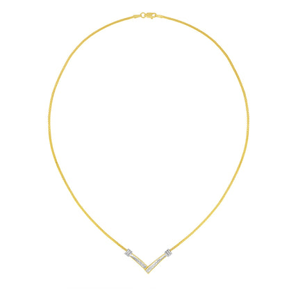 Front view of a necklace with a V-shaped pendant featuring channel-set white princess shape gemstones, on a yellow metal chain.