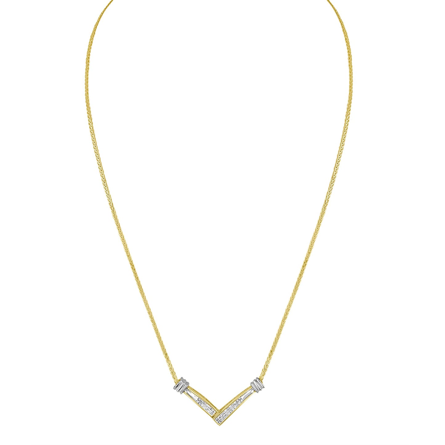 Front view of a V-shaped necklace with a yellow metal chain and white metal accents, featuring channel-set white princess-shaped gemstones.