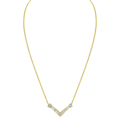 Front view of a V-shaped necklace with a yellow metal chain and white metal accents, featuring channel-set white princess-shaped gemstones.