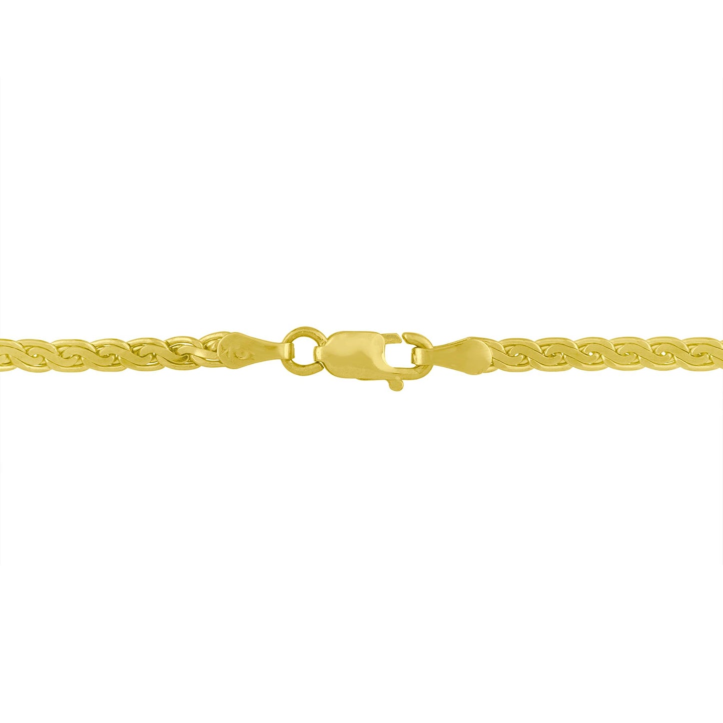 Close-up front view of a yellow metal necklace chain with a lobster claw clasp.