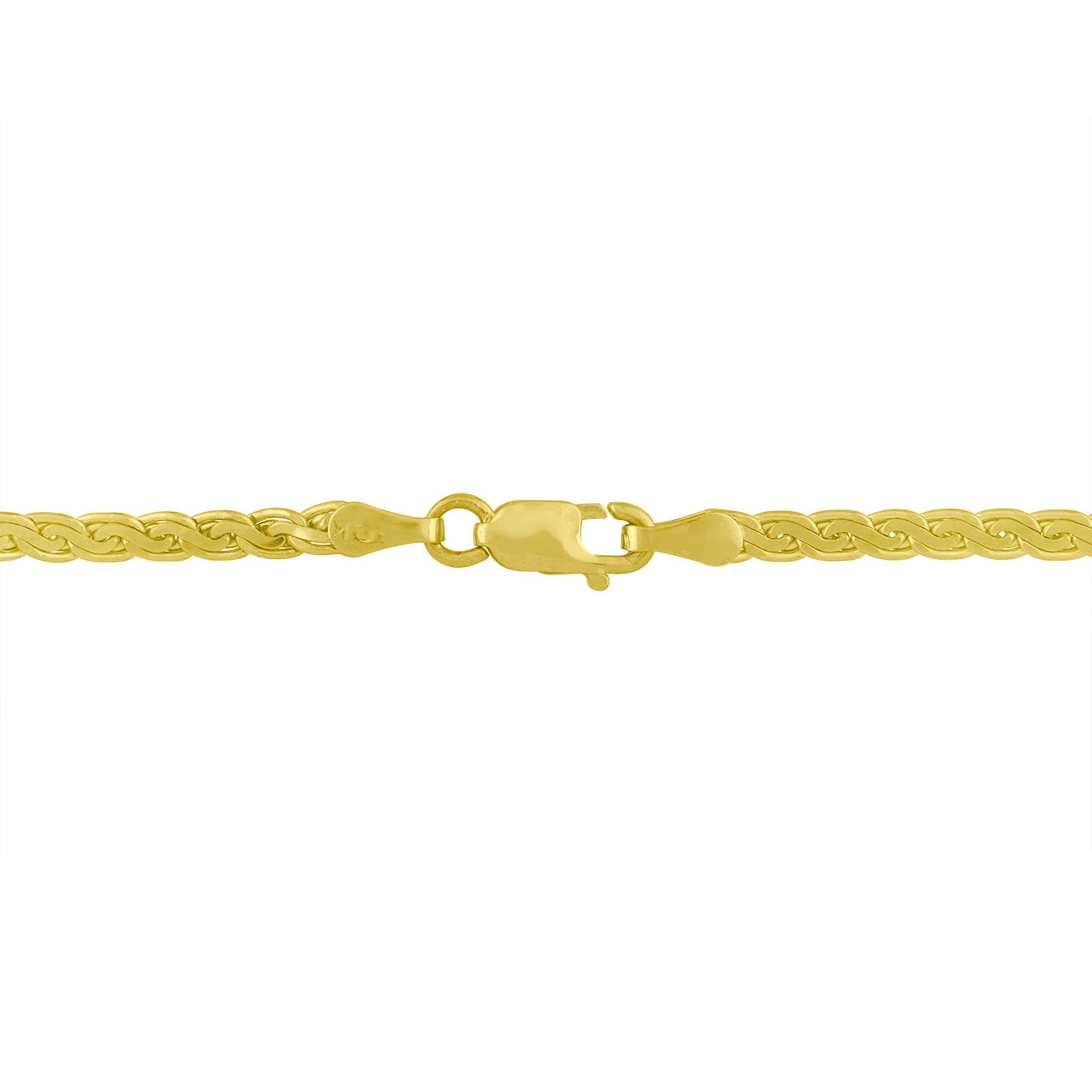 Close-up front view of a yellow metal necklace chain with a lobster claw clasp.