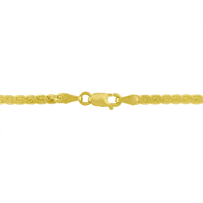 Close-up front view of a yellow metal necklace chain with a lobster claw clasp.