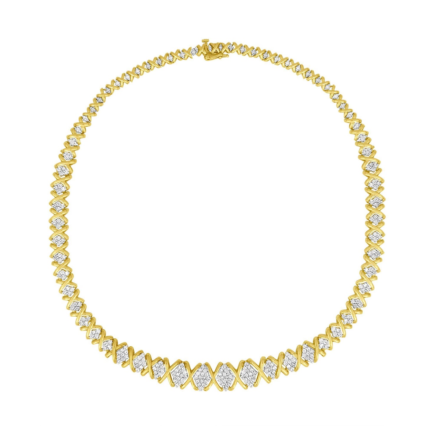Front-facing shot of a yellow metal necklace with alternating sections of pave-set round white gemstones and smooth metal X-shaped links.