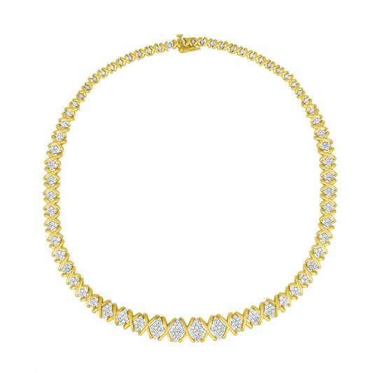 Front-facing shot of a yellow metal necklace with alternating sections of pave-set round white gemstones and smooth metal X-shaped links.