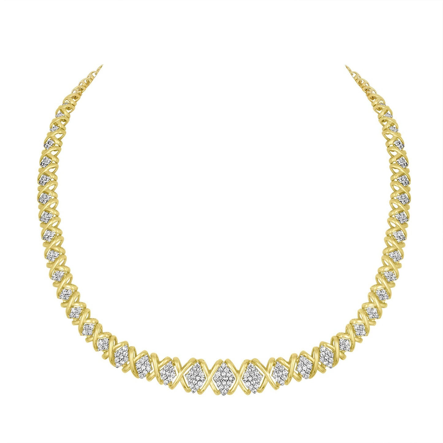 Front-facing shot of a yellow necklace with an X-link design interspersed with clusters of round white gemstones in pave setting.