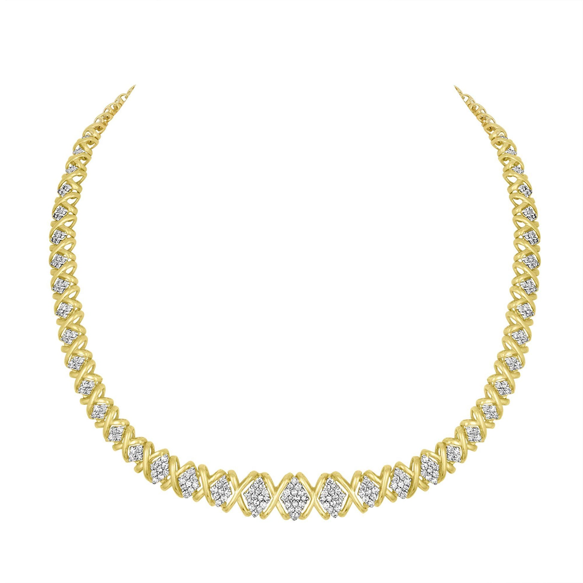 Front-facing shot of a yellow necklace with an X-link design interspersed with clusters of round white gemstones in pave setting.