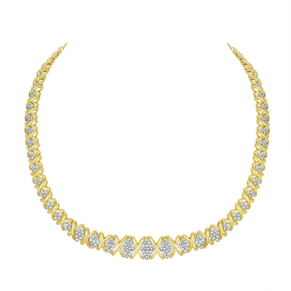 Front-facing shot of a yellow necklace with an X-link design interspersed with clusters of round white gemstones in pave setting.